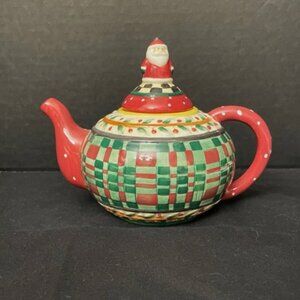 Debbie Mumm Sakura Christmas Mini Teapot Santa Lid Holly‎ Plaid Holiday Seasonal
